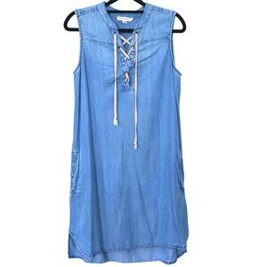 Beach Lunch Lounge Chambray Lace Up Shift Dress Small Blue Coastal Cowgirl Vacay